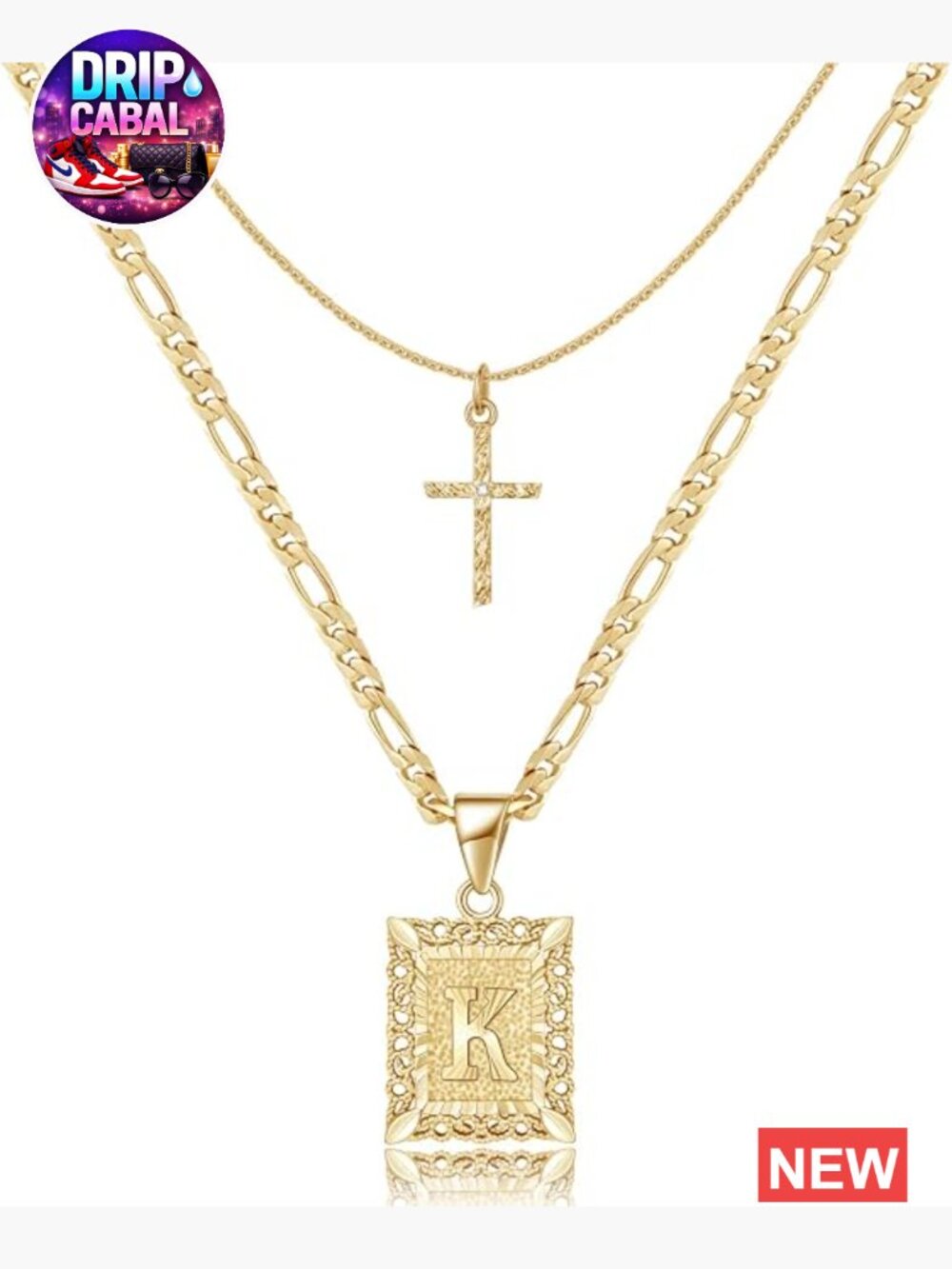 14K Gold Plated Layered Initial Cross Pendant Necklace Figaro Chain